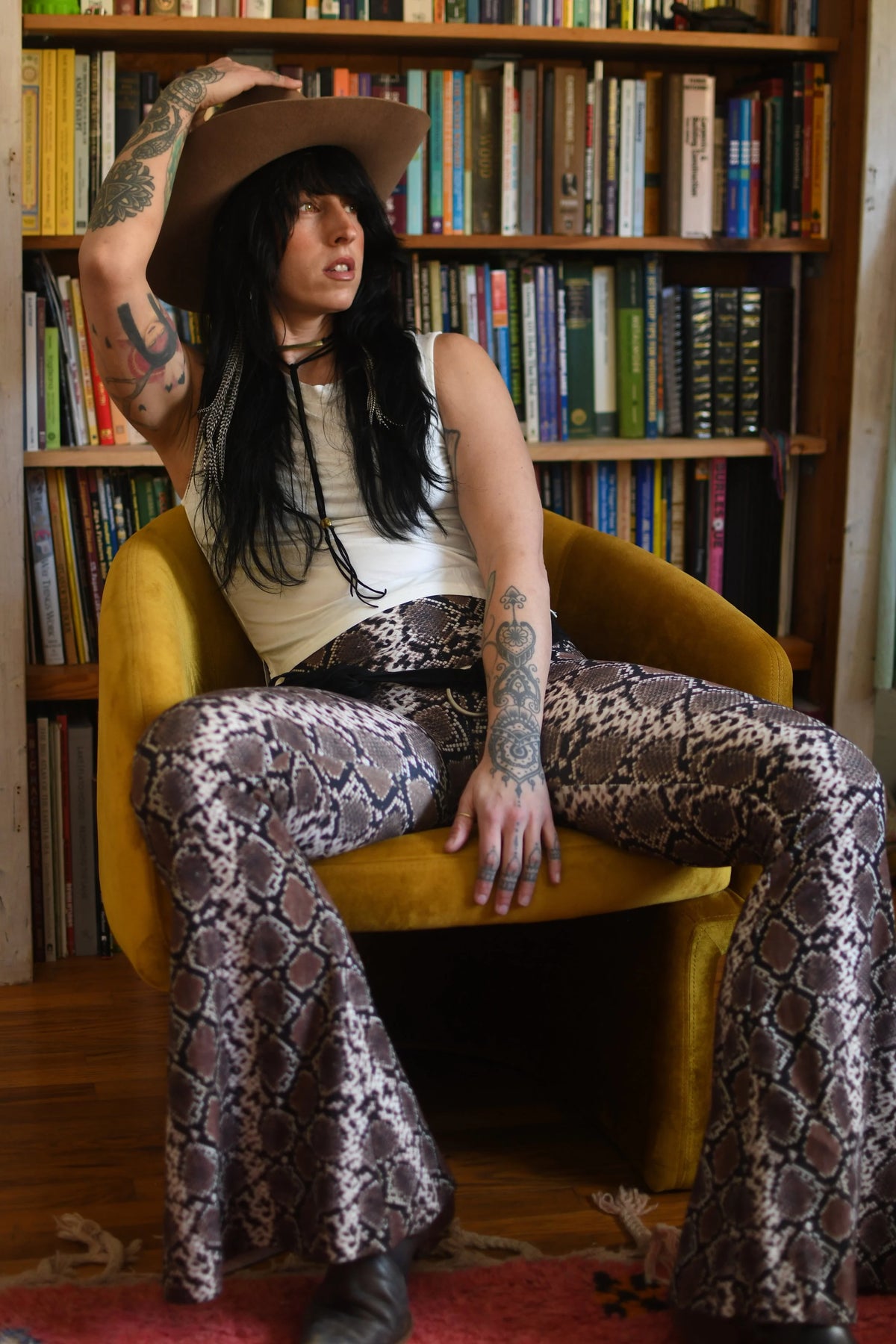 Women’s stretchy rattlesnake bell bottoms with dramatic flared legs