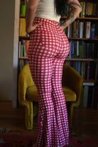 Women’s red checkered bell bottoms with high rise elastic waist
