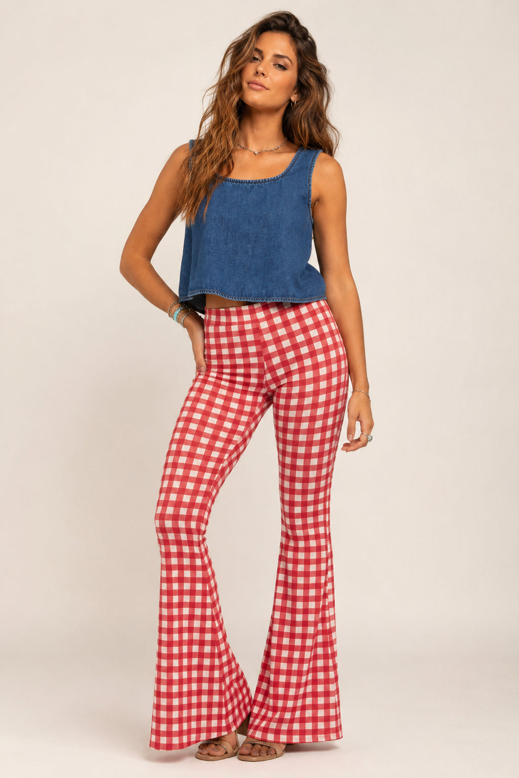 Women’s high waisted red gingham bell bottom pants
