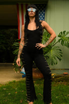 Women’s hand dyed flared jumpsuit with dramatic bell bottom legs
