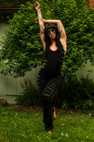 Lexi stretchy flare leg jumpsuit with open back and bell bottoms
