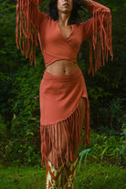 Women’s cotton gauze wrap skirt with long fringe detail
