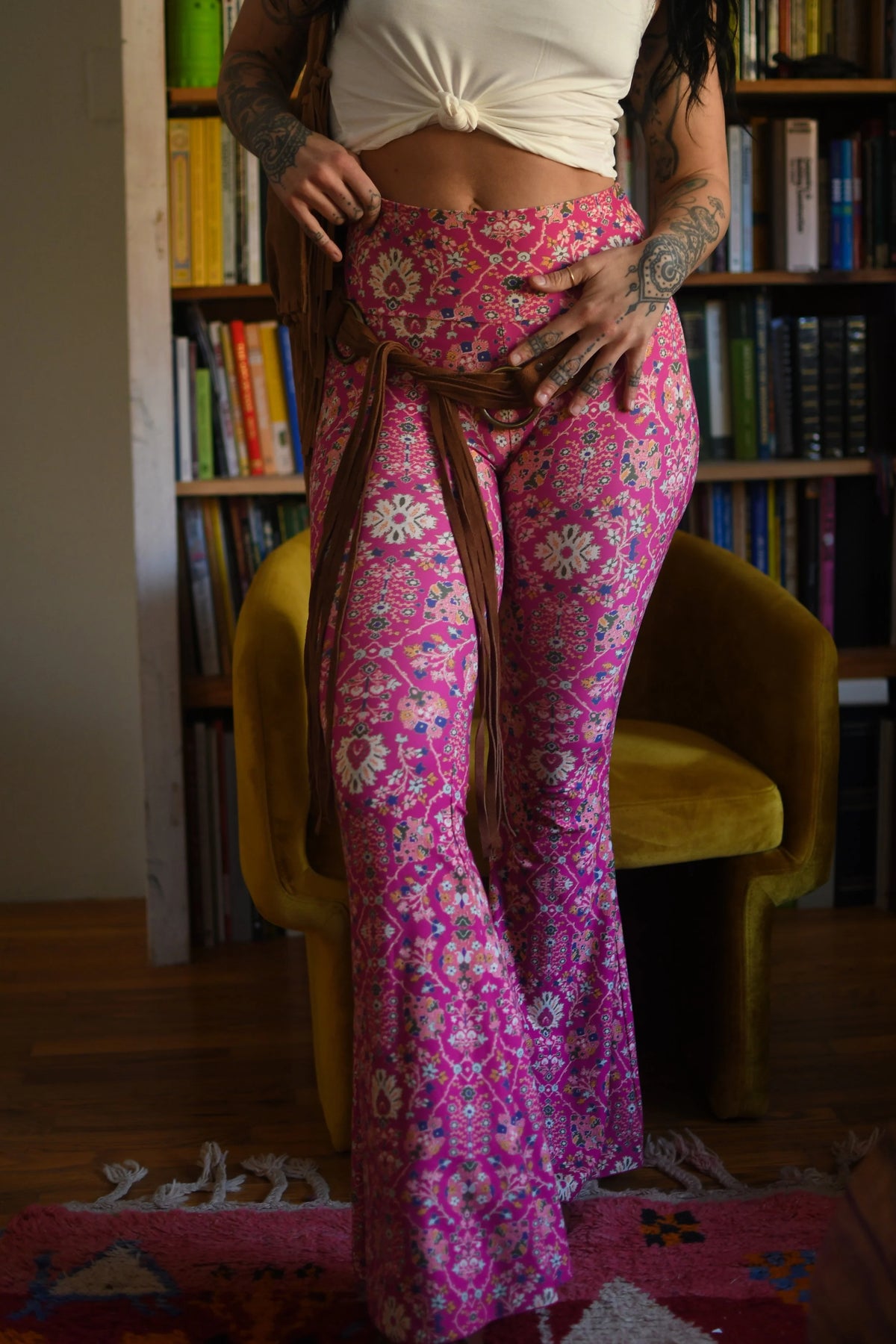 Vera retro floral flare pants with dramatic bell bottom legs
